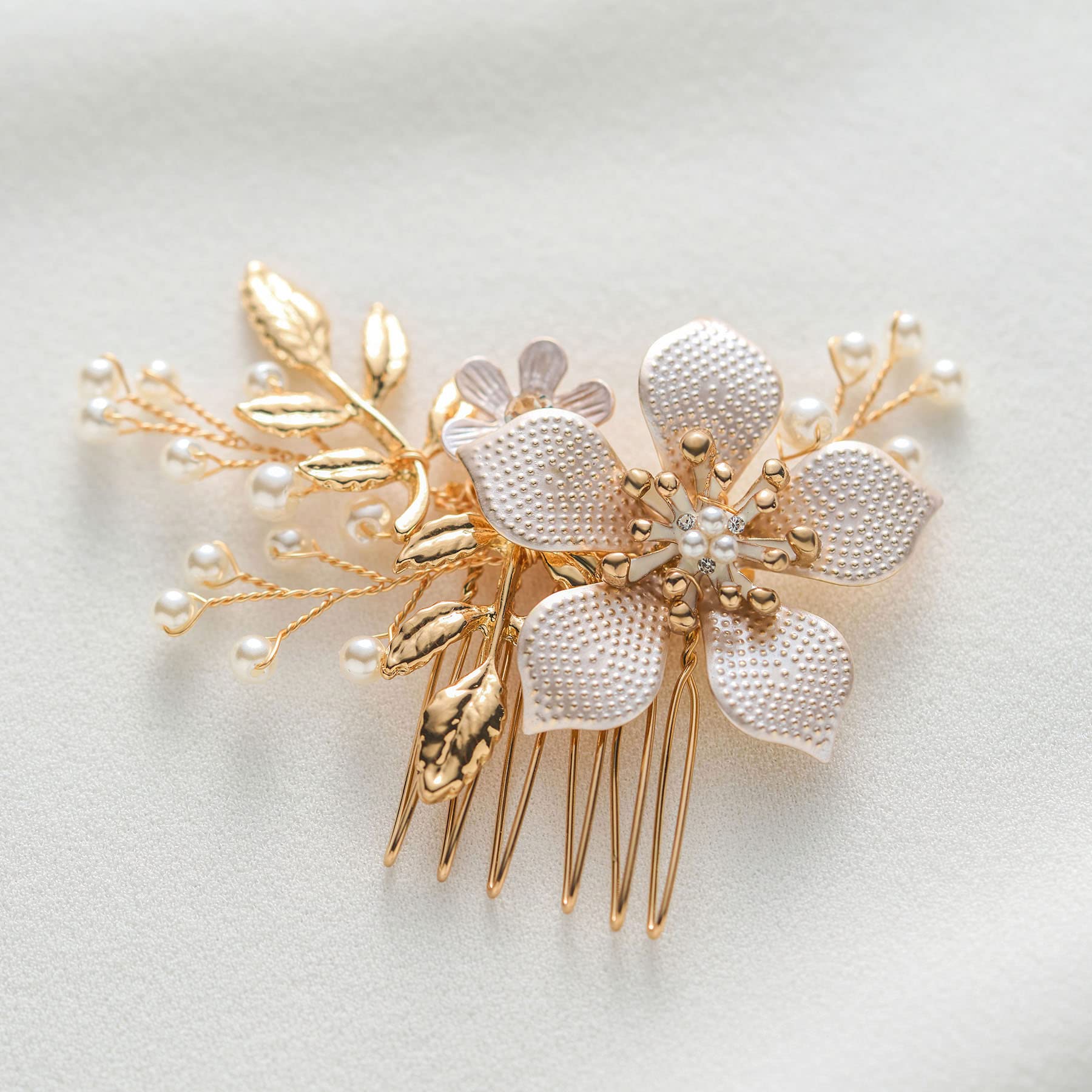 SWEETV Gold Bridal Hair Clip,Floral Bridal Hair Comb Barrette Flower Hair pieces for Brides Wedding