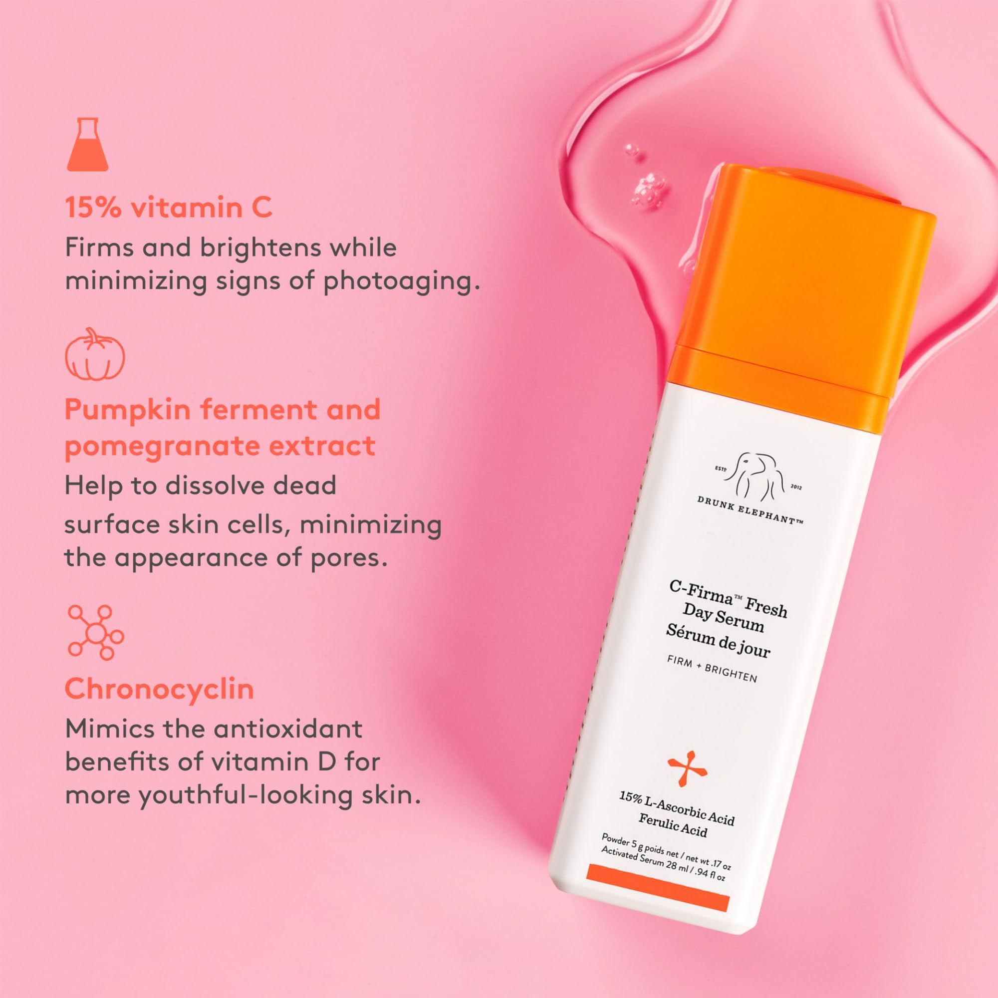 Drunk Elephant C-Firma Fresh Day Serum - 28 ml/.94 fl oz - 15% Illuminating Vitamin C - Clean Clinical Skincare - Cruelty-Free - Dermatologist-Tested - Free of Essential Oils, Silicones, and Fragrance