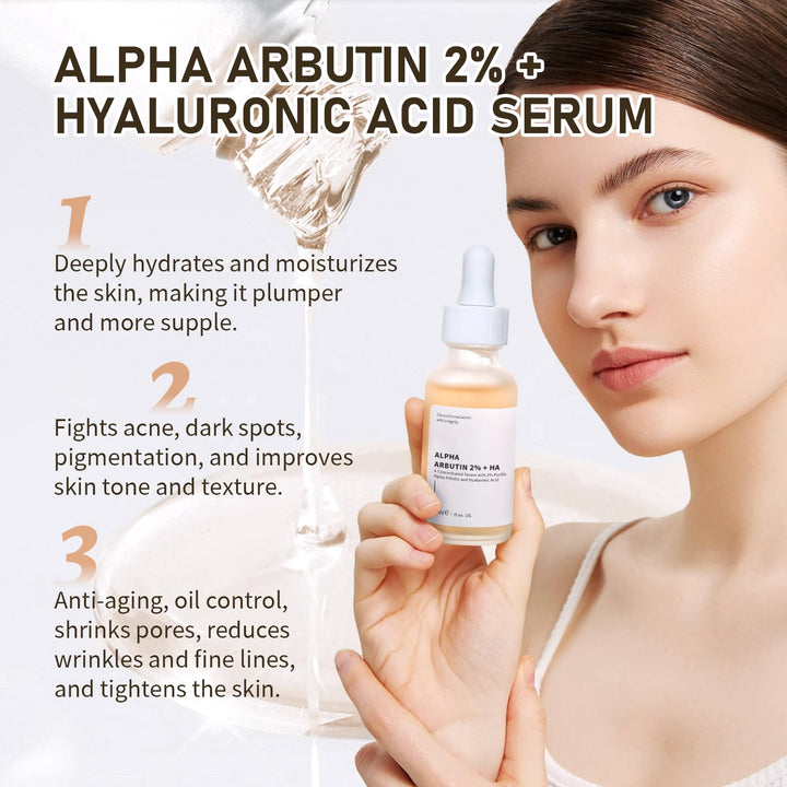 Alpha Arbutin 2% + Hyaluronic Acid Serum for Face, 2PCS Alpha Arbutin Serum for Acne, Fine Lines and Wrinkle for Women & Men