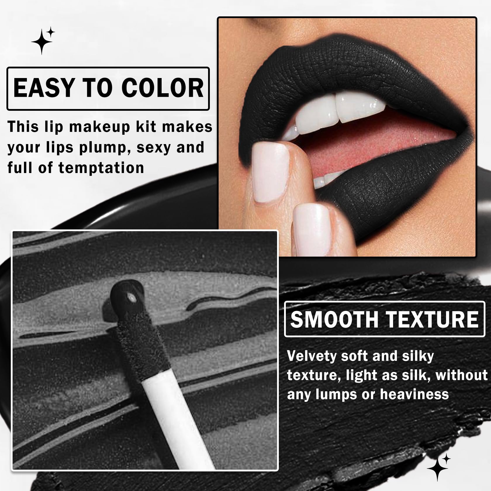 LZXLUKGIR Black Lipstick and Lip Liner Set Lip Kit,3 in 1 Velvet Black Lipstick Halloween Matte Black Liquid Lipstick Lip Gloss with Black Lip Pencil,Hydrating Lip Stain Lip Makeup(Black Magic)
