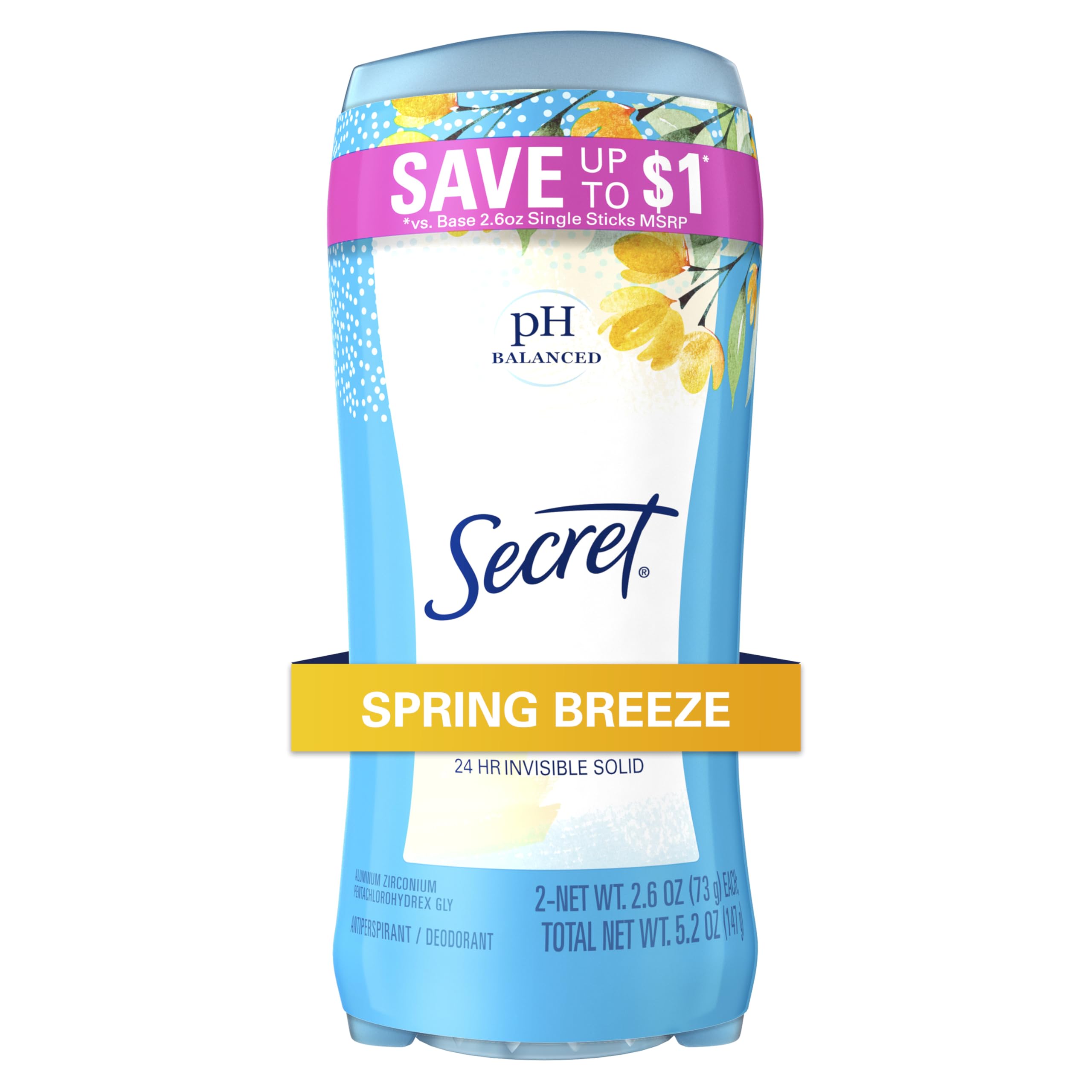 Secret Spring Breeze Scent Invisible Solid Antiperspirant & Deodorant Twin Pack 5.2 Oz