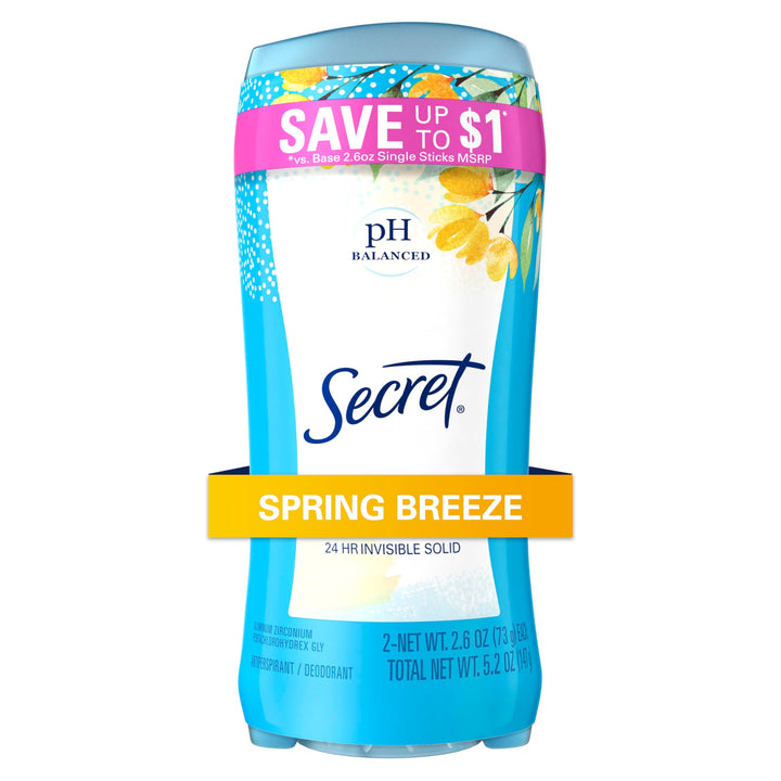 Secret Spring Breeze Scent Invisible Solid Antiperspirant & Deodorant Twin Pack 5.2 Oz