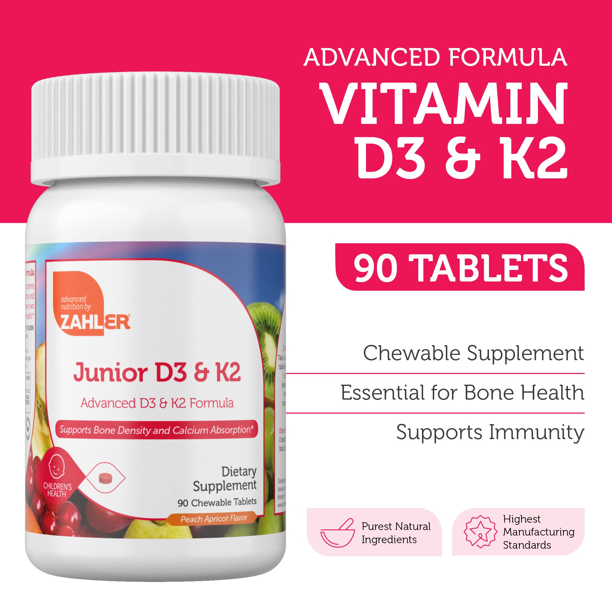 Zahler - Junior Vitamin D3 + K2 Chewable Tablets for Kids| Vitamin D for Kids 2000 IU | Delicious Vitamin D K2 Chews to Support Healthy Bones & Teeth - Kosher, Less Sugar Than Gummies (90 Count)