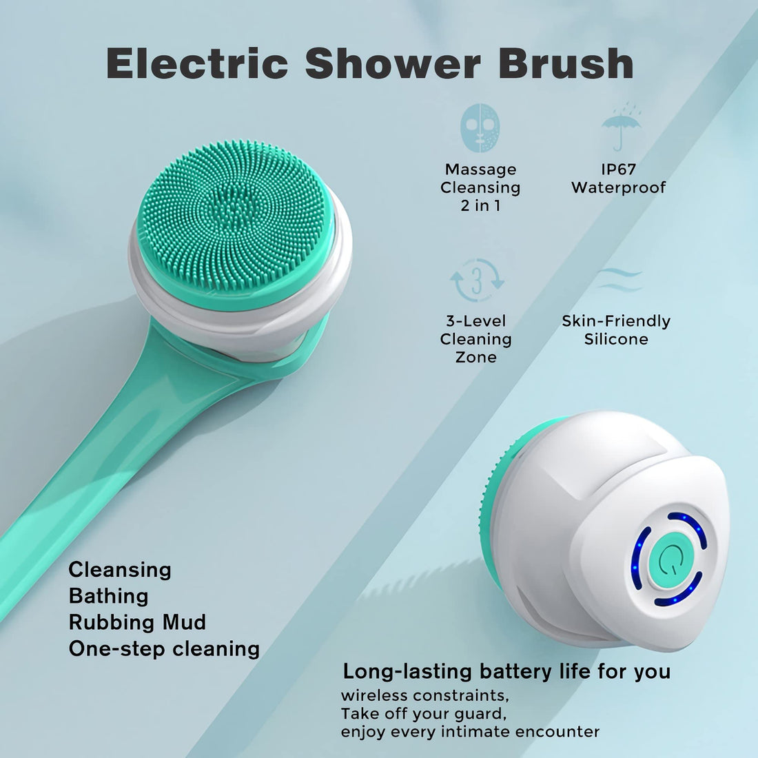 AZKSUN Electric Shower Brush, Body Scrubber, Facial Brush, Exfoliate, with 5 Shower Headsï¼Ë†Whiteï¼â€°