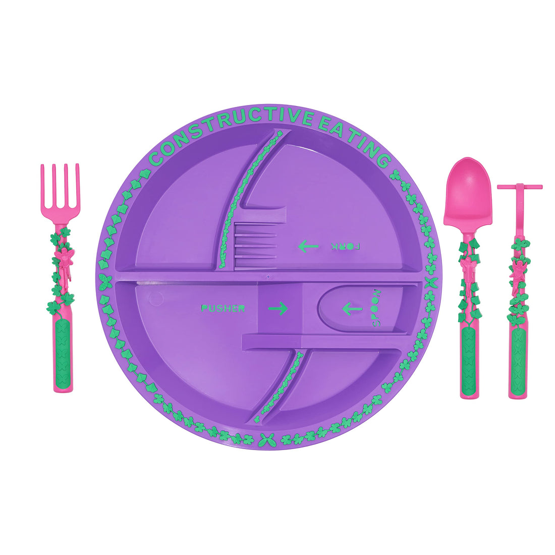 Constructive Eating Plate and Utensils Set - Made in USA - Toddler Dinnerware, Kids Dinnerware and Utensils Set for Ages 1-3, Toddler Utensils 2 and 3 Year Old, Divided Toddler Plates (Garden Fairy)