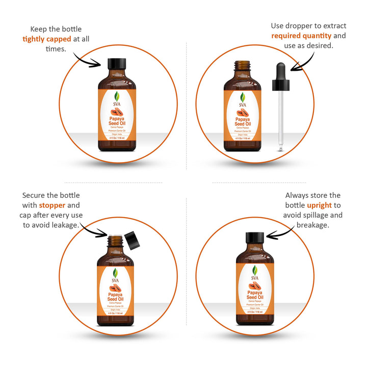 SVA Papaya Seed Oil - 4 Fl Oz – 100% Natural Cold Pressed Papaya Oil - for Face, Skin Care, Hair Care, Scalp Massage & Body Massage – Carrier Oil with Dropper