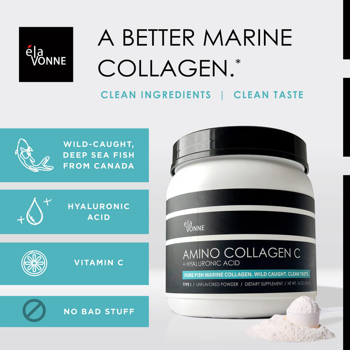 Amino Collagen C with Hyaluronic Acid (60 Servings _ 16oz _456g) - Non-GMO Marine Collagen Peptides - Hydrolyzed Powder - Unflavored - No Sugar - For Firm Skin, Hydration, Healthy Joints and Gut.