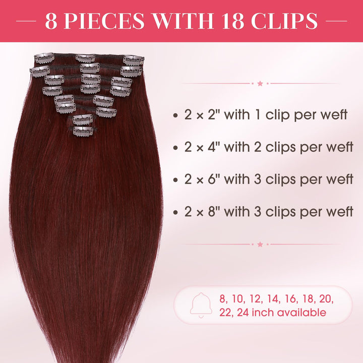 Clip in 100% Remy Human Hair Extensions #99j Wine Red 8-24 Grade 7A Quality Full Head 8pcs 18clips Long Soft Silky Straight for Women Fashion 20 / 20 inch 105g