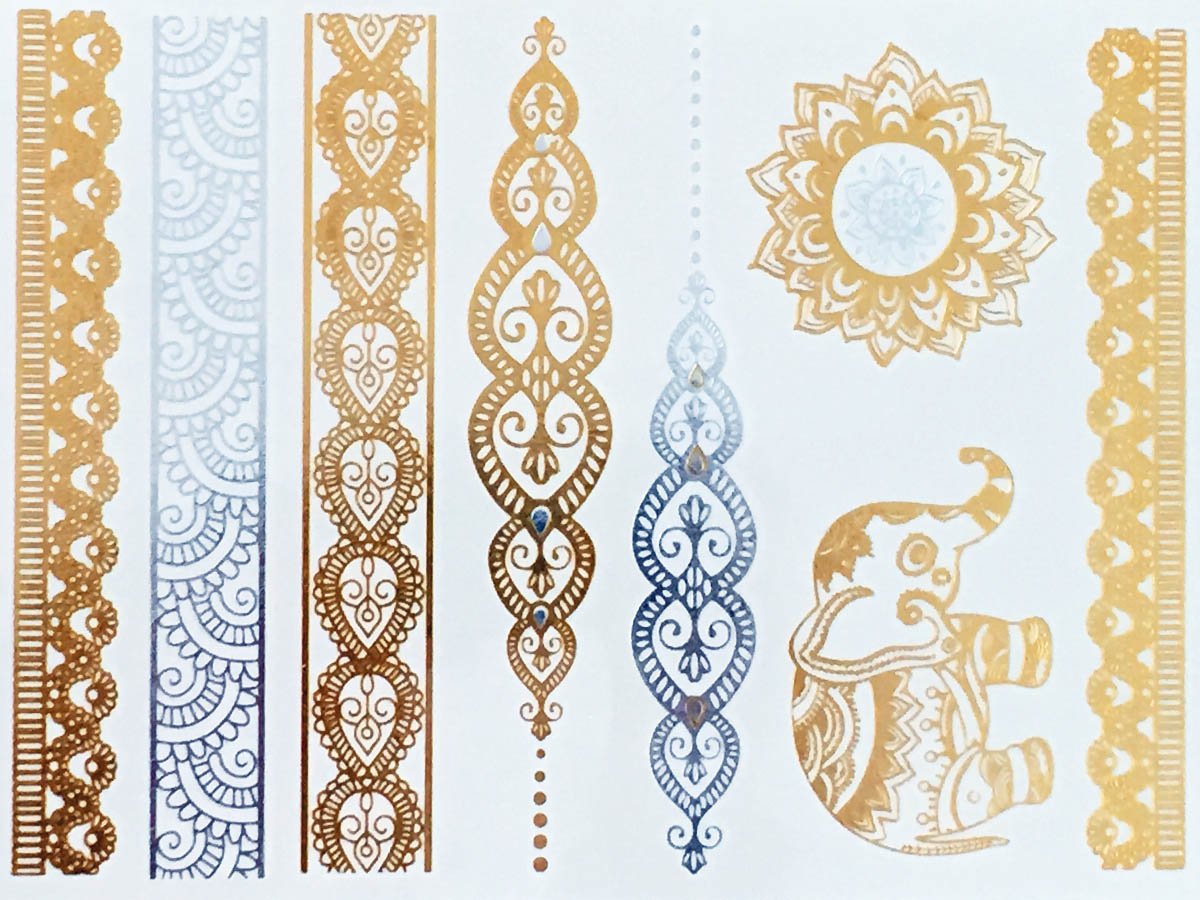 Modern Boho 5 Sheets Metallic Tattoos, Gold/Silver Flash, Namaste Collection