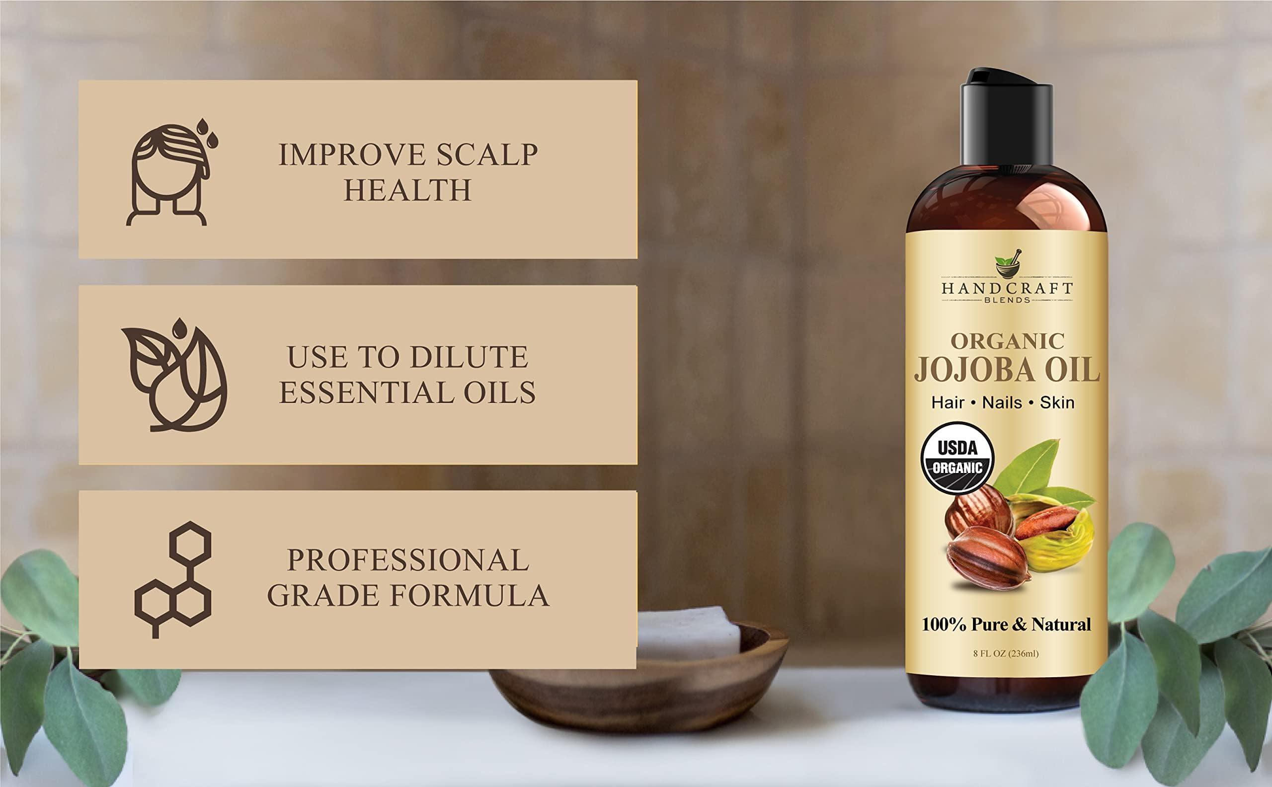 Handcraft Blends USDA Organic Jojoba Oil - Cold-Pressed 8 Fl Oz - 100% Pure and Natural - Premium Grade Carrier Oil for Skin and Hair - Hair and Body - Massage - Hexane-Free