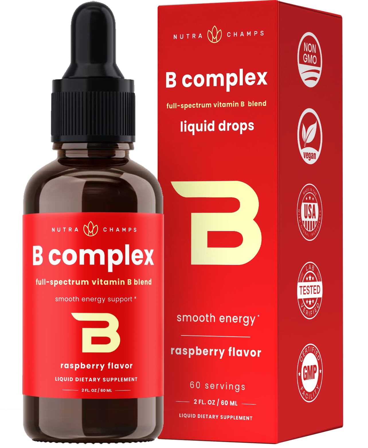 NutraChamps Vitamin B Complex Liquid Drops | B Vitamins Complex Supplement with B1, B2, B3, B6, B7, B9 & Methyl B12 Drops for Adults & Kids | Vegan Berry Flavor 2oz | 60 Servings / 2 Month Supply