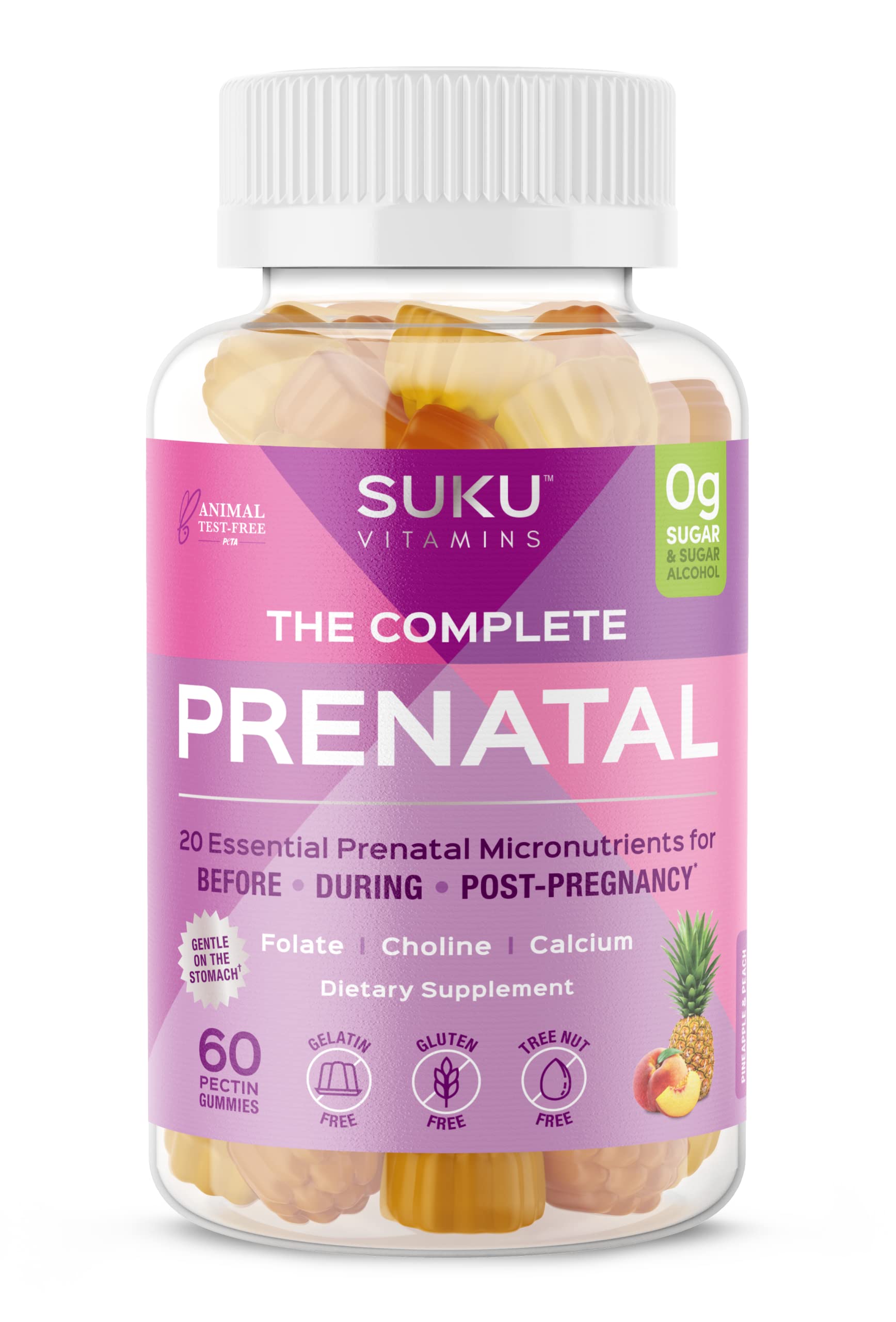 SUKU Vitamins - Complete Prenatal - Enriched with Calcium, Vitamin K2, Vitamin B12 and More Gummies - Easy to Chew - Non GMO, Gluten Sugar Free - Pineapple Peach Flavored Gummy Vitamins, 60 Count