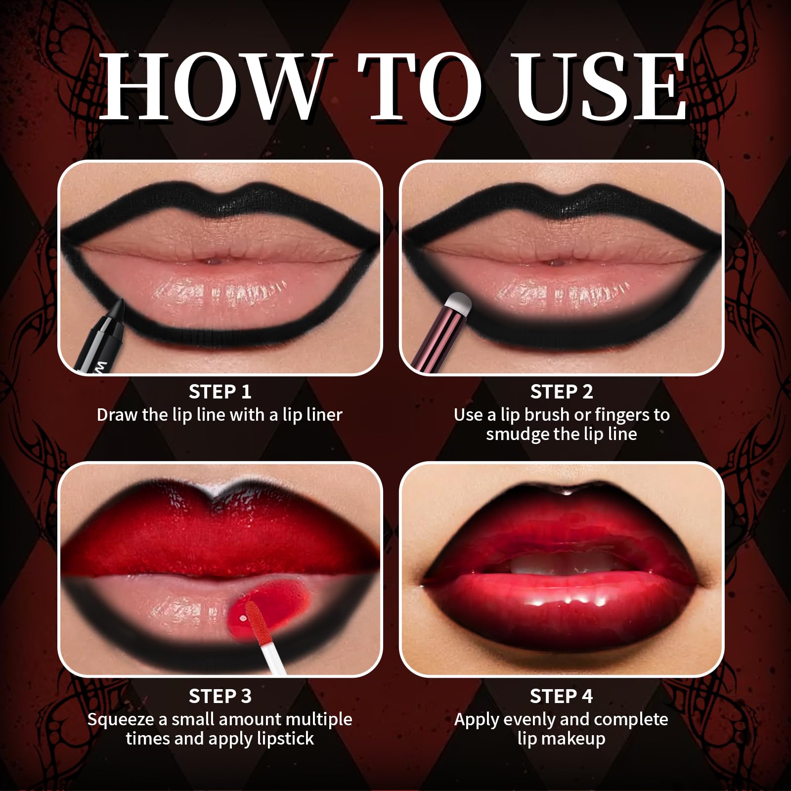 HOSAILY Vinyl Red Velvet Ink Liquid Lipstick with Black Lip Liner Gothic Lip Combo Halloween Makeup, Long Wear Waterproof Lip Gloss Non Sticky Moisturizing Lip Stain Tint Glossy Lip Color for Women