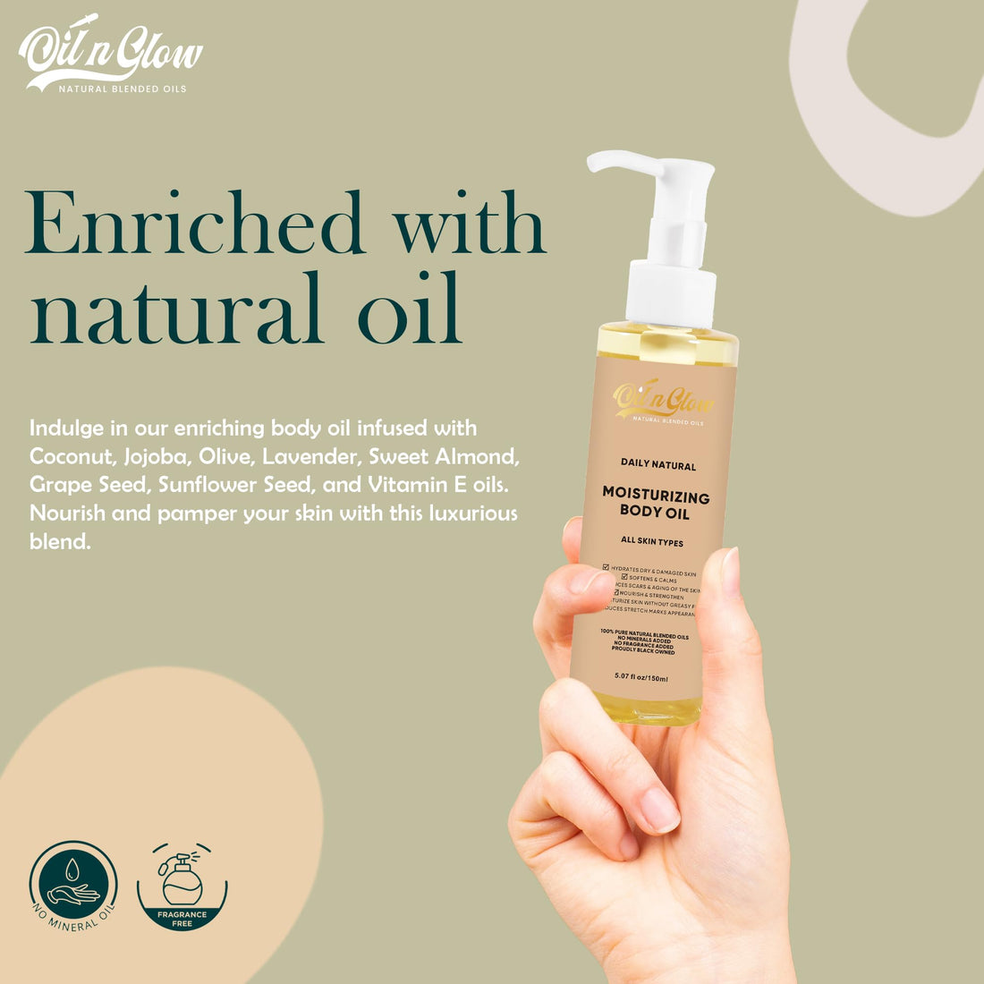 OilnGlow 100% Pure Natural Hydrating Body Oil After Shower with Vitamin E, Coconut, Jojoba, Olive & Sweet Almond Moisturizing Body Oil For Women & Men Dry Skin - Unscented 5.07 fl oz/150ml
