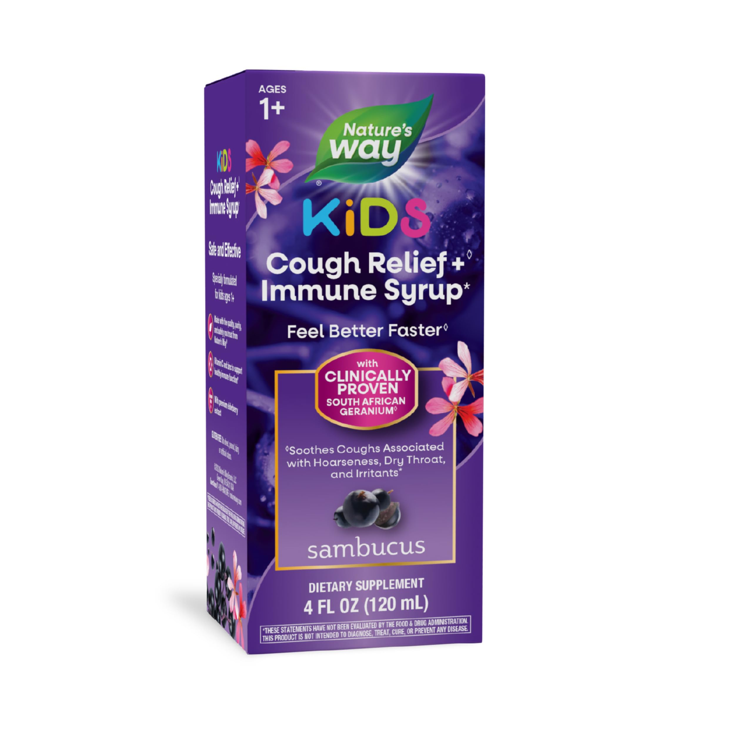 Nature’s Way Sambucus Kids Cough Relief +(1) Immune Syrup*, Feel Better Faster(1), Clinically Proven South African Geranium, with Elderberry Extract, Vitamin C & Zinc, Gluten Free, Vegan, 4 Fl Oz