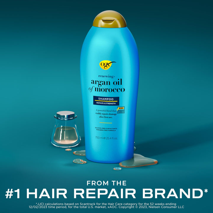 OGX Renewing + Argan Oil of Morocco Shampoo, Damage Repair Shampoo & Argan Oil to Help Strengthen & Repair Dry, Damaged Hair, Paraben-Free, Sulfate-Free Surfactants, 25.4 fl. oz