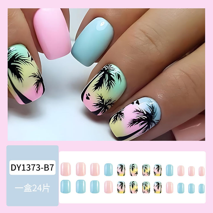 24pcs Short Press-on Nails: Square Fake Nails with Palm Tree, Blue Pink Designs, Glossy Full Cover Acrylic Artificial Nails for Summer