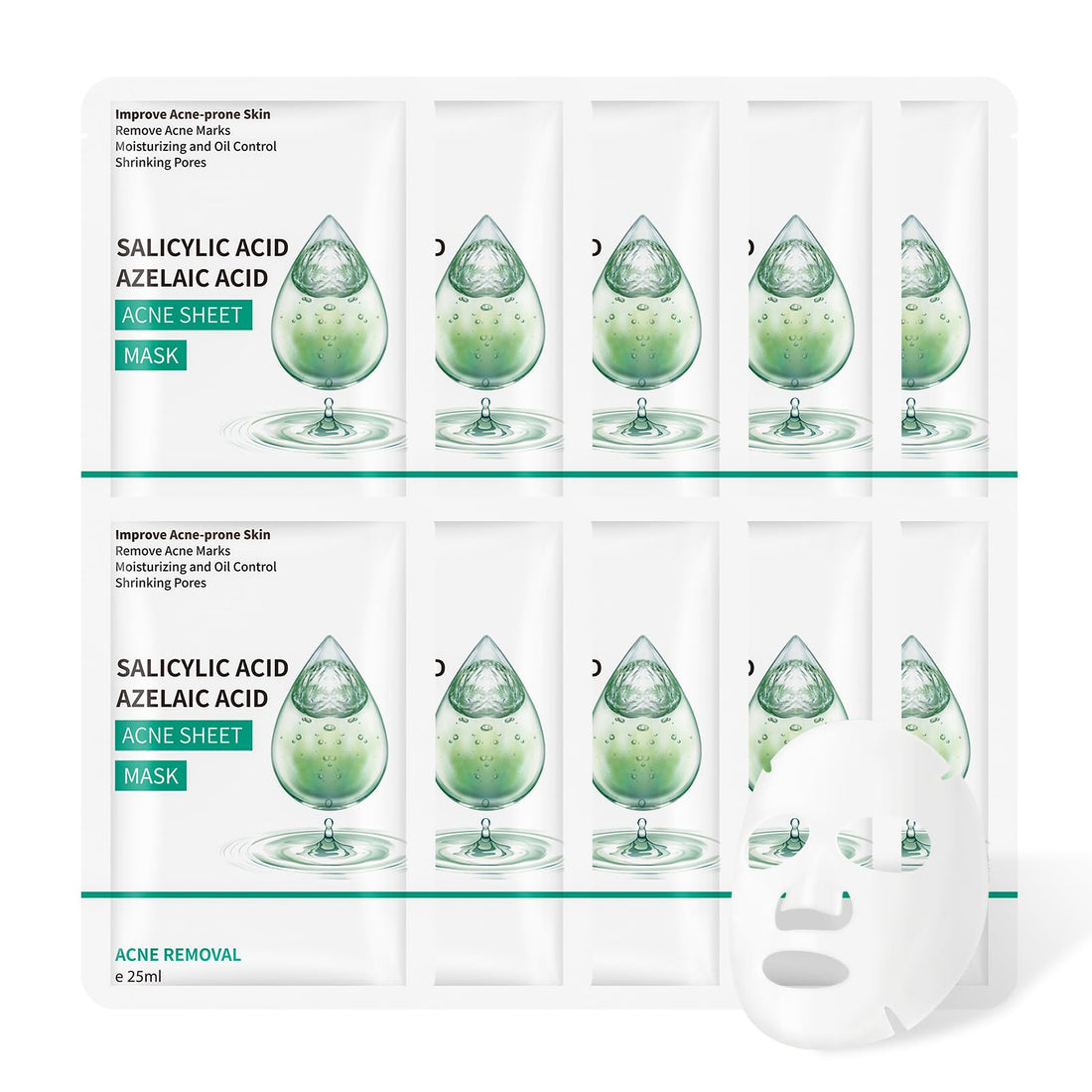 BYOTOUTY Anti Acne Facial Mask with Salicylic Acid, Face Mask Skincare for Acne Prone Skin, Hydrating Sheet Face Masks for Oil Control, Deep Cleansing Face Mask Skin Care, Soothe Redness, Pack of 10