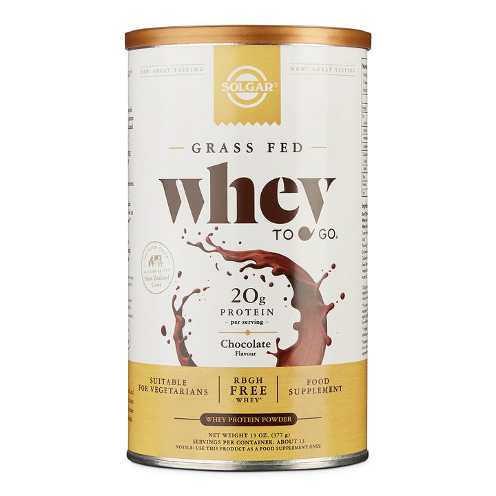 Solgar Grass Fed Whey to Go Protein Powder Chocolate, 13.2 oz - 20g of Grass-Fed Protein from New Zealand cows - Great Tasting & Mixes Easily - Supports Strength & Recovery - Non-GMO, 13 servings