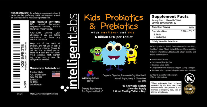 Intelligent Labs 6 Billion CFU Kids/Children's Probiotics with Prebiotics, Sunfiber and Fos, for 10x More Effectiveness, One A Day Great Taste Chewable Probiotic, 2 Months Supply Per Bottle