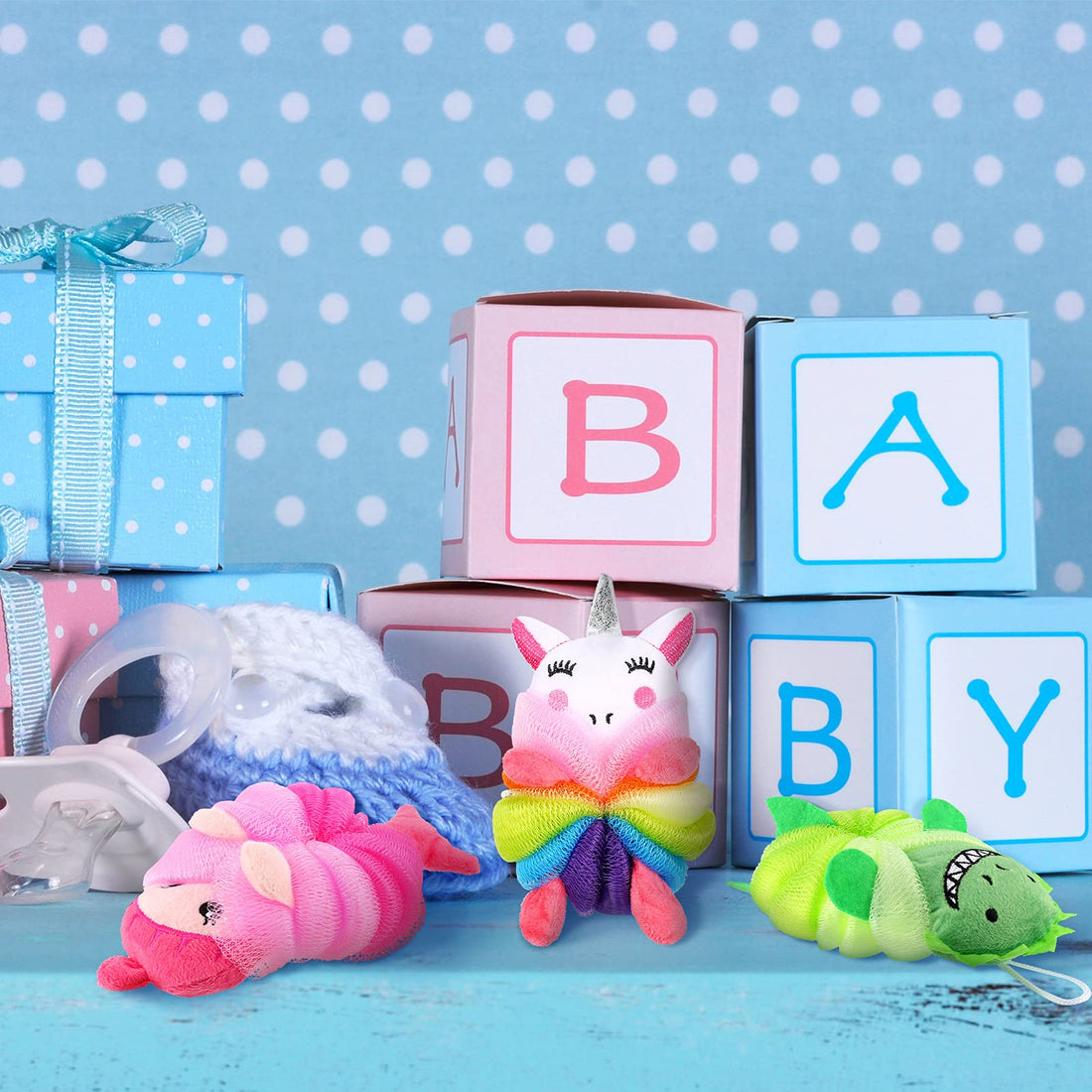 4 Pieces Animal Bath Loofahs Kids Body Loofahs Cartoon Shower Loofahs Cute Bath Sponges Pouf Body Scrubbers Mesh Loofah Sponges for Children Shower Baby Washing Exfoliating, 4 Styles (Vivid Style)