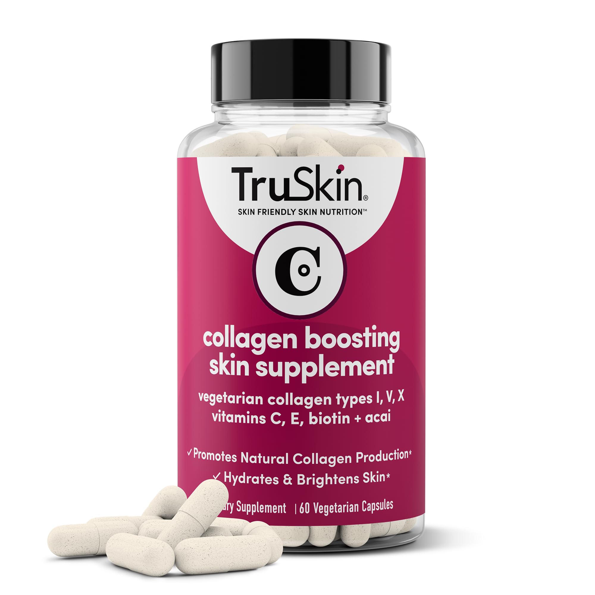 TruSkin Collagen Supplements – Vegetarian-Friendly Multi Collagen for Skin with Biotin, Vitamin C & Acai Superfood Complex – Support Natural Collagen Production, Hydrate & Brighten Skin, 60 Capsules