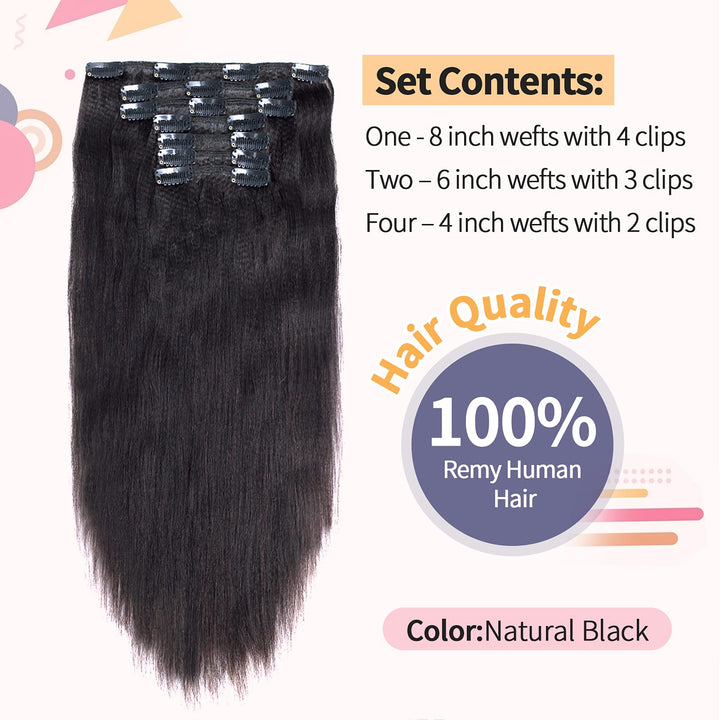 Vanalia Perm Yaki Clip in Extensions Double Wefted Natural Black 100% Remy Human Hair 120 Gram 7 Pieces 18 Clips for African American Black Women Yaki 18 Inch: 18 Inch, Yaki Straight