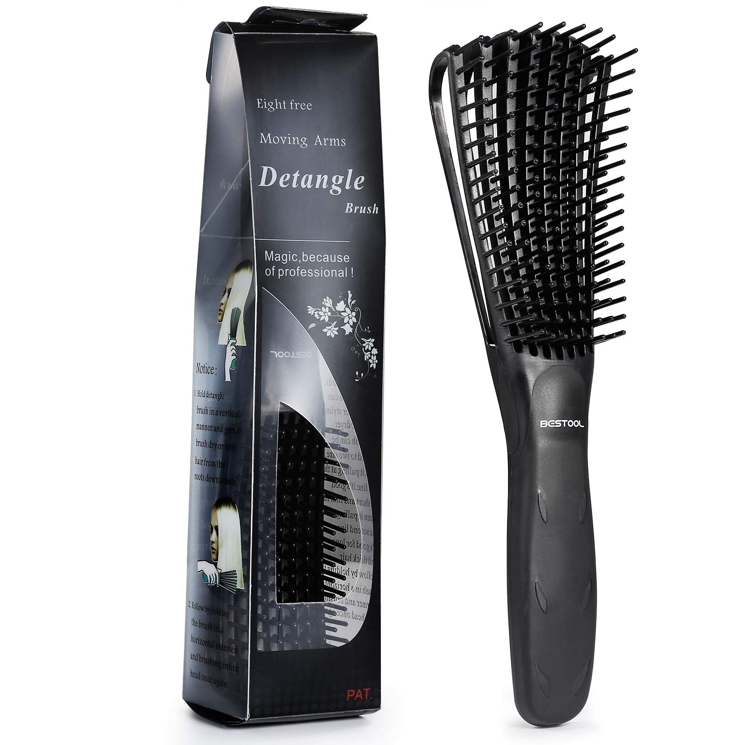 BESTOOL Detangling Brush, Detangler Brush for Natural Black/ Curly Hair Afro 3/4abc Texture, Faster n Easier Detangle Wet or Dry Hair with No Pain (Black)