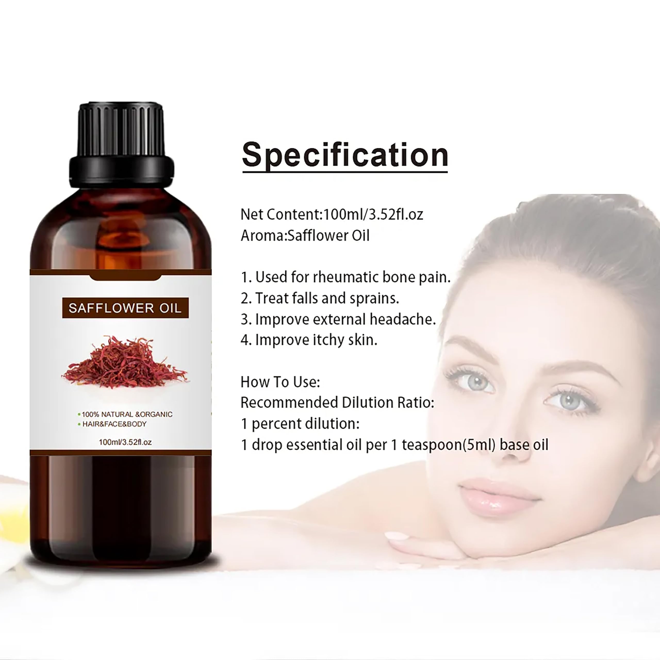 100% Pure Safflower Oil Essential Oil for Hair Growth,Non-GMO High Oleic Natural Organic Safflower for Skin,Dry Damaged Body & Face Moisturizing