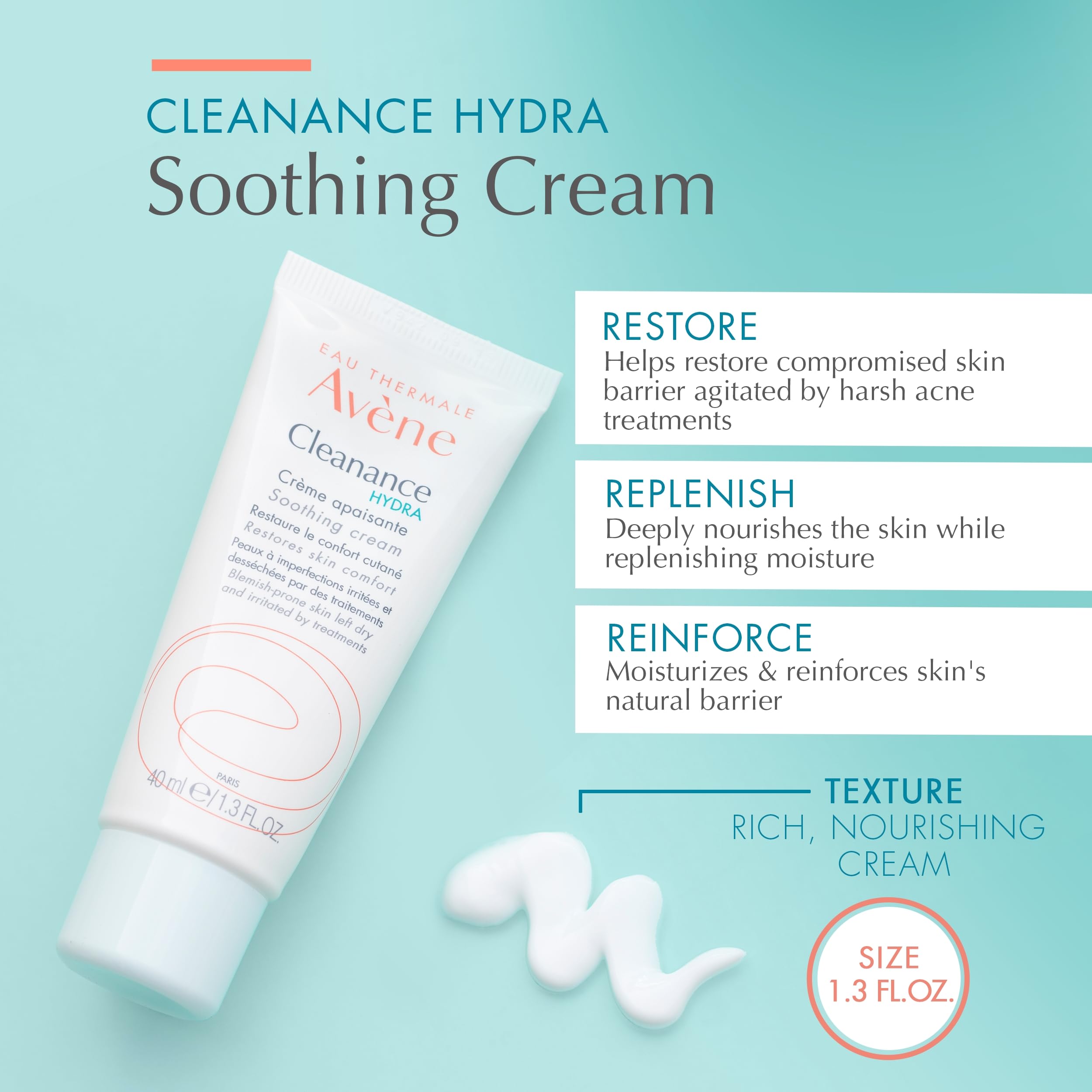 Avène Cleanance HYDRA Soothing Cream, Rich Moisturizer, Adjunctive Care for Drying Acne Treatments, 1.3 oz.