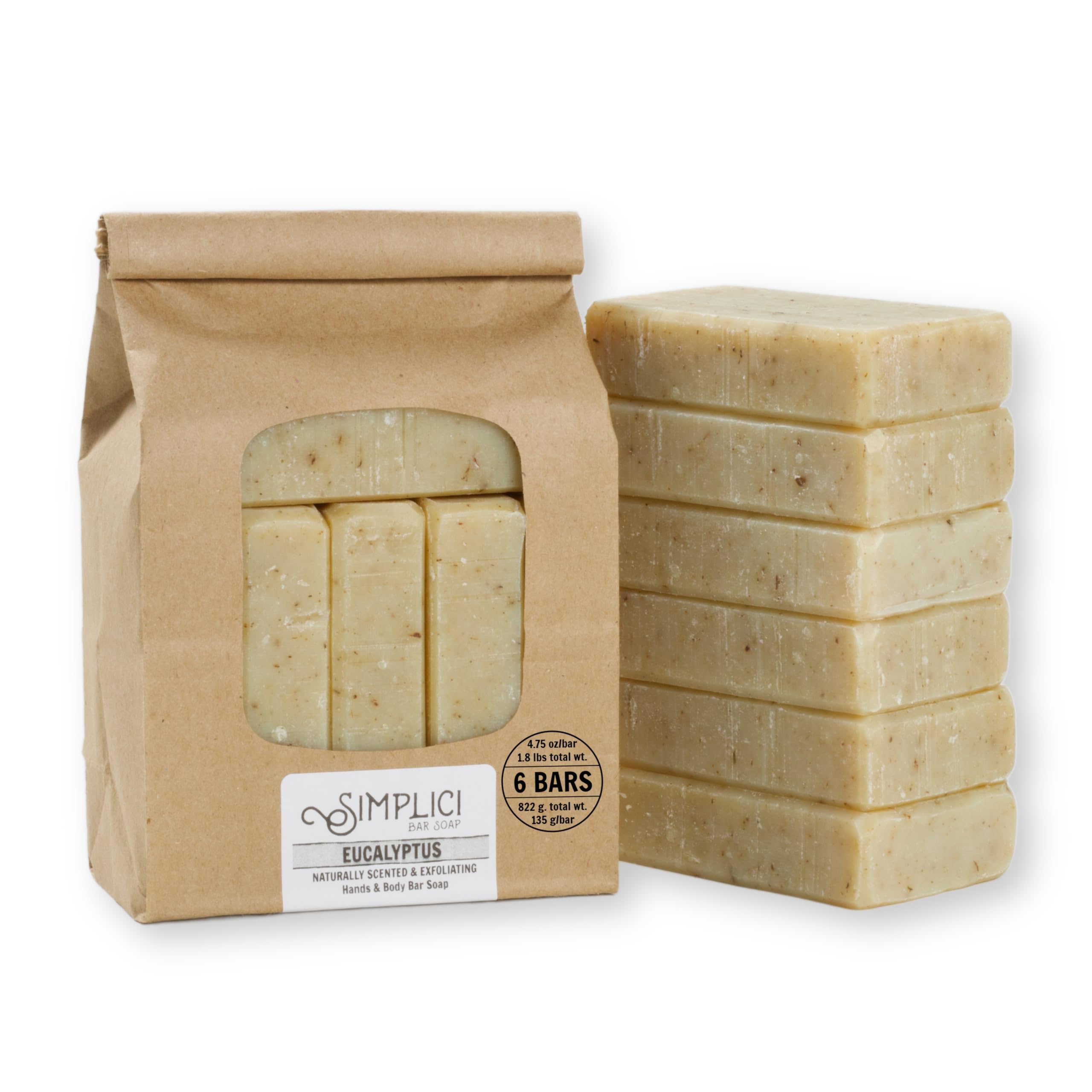 Simplici Eucalyptus Natural Soap (exfoliating + pure essential oils) 6 Bar Value Bag. Palm Free.