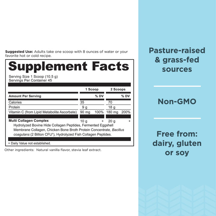 Collagen Powder Protein by Ancient Nutrition, Multi Collagen Vanilla Protein Powder, 45 Servings, with Vitamin C, Hydrolyzed Collagen Peptides Supports Skin and Nails, Gut Health, 16.7oz