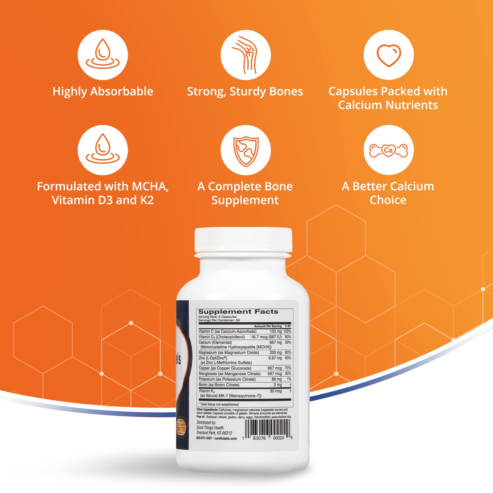 Cardiotabs Bone Essentials with MCHA & Collagen, Calcium Supplement w/Calcium Hydroxyapatite for High Absorption, Bone Density and Heart Supplement w/Vitamins, Minerals & Proteins, 120 Capsules