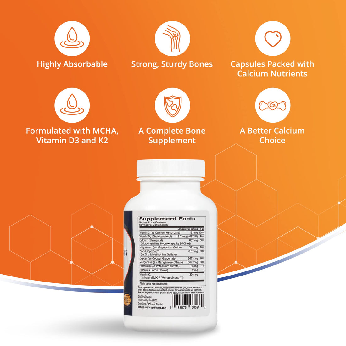 Cardiotabs Bone Essentials with MCHA & Collagen, Calcium Supplement w/Calcium Hydroxyapatite for High Absorption, Bone Density and Heart Supplement w/Vitamins, Minerals & Proteins, 120 Capsules