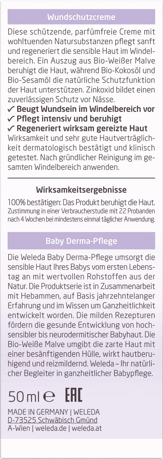 Weleda Baby White Mallow Diaper Care Cream, 1.7 Fluid Ounce, Fragrance Free Plant Rich Protection with White Mallow, Pansy, Sesame and Coconut Oils