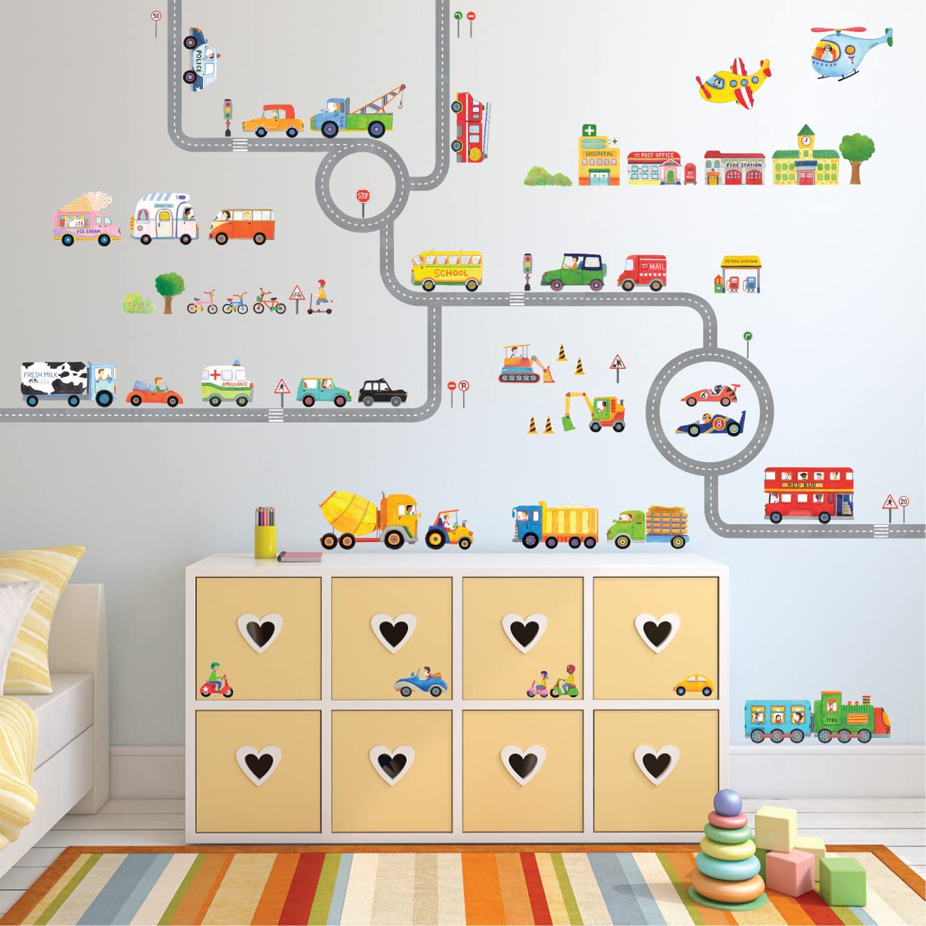 DECOWALL SG3-1404P1405 The Road and Cars Kids Wall Stickers Wall Decals Peel and Stick Removable Wall Stickers for Kids Nursery Bedroom Living Room (Medium) décor