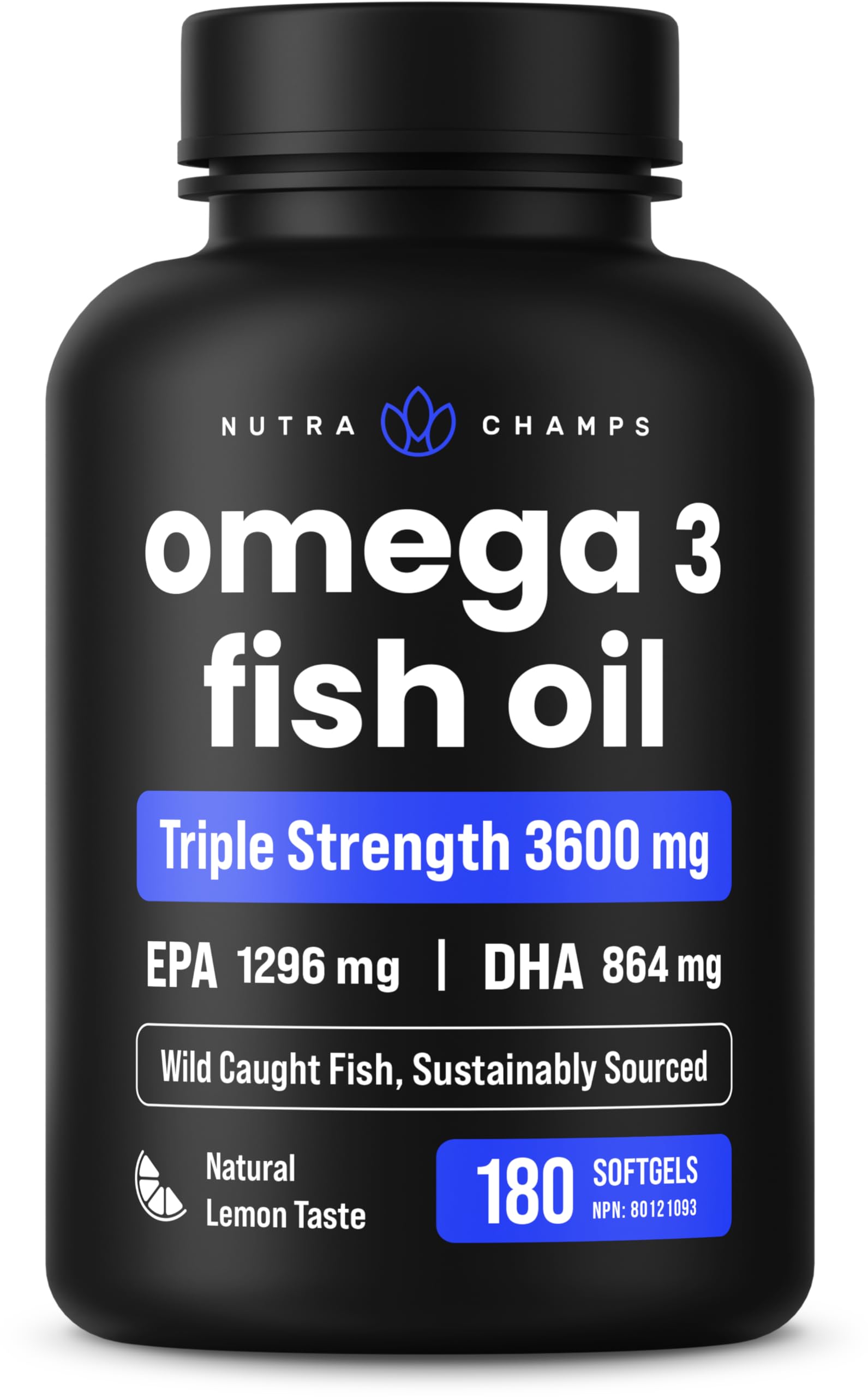 NutraChamps Omega 3 Fish Oil Supplements 3600mg with EPA & DHA, High Potency Omega 3 Supplement to Support Heart, Immune Health, 180 Natural Lemon Burpless Fish Oil Capsules