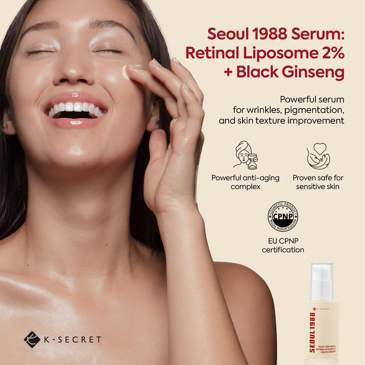 K-SECRET SEOUL 1988 Retinal Serum: Retinol Serum for Face Anti Aging Wrinkle Care - 2% Retinal Liposome Black Ginseng Niacinamide Bakuchiol Vitamin C & 3 Peptides - Korean Skincare Fragrance Free 30mL