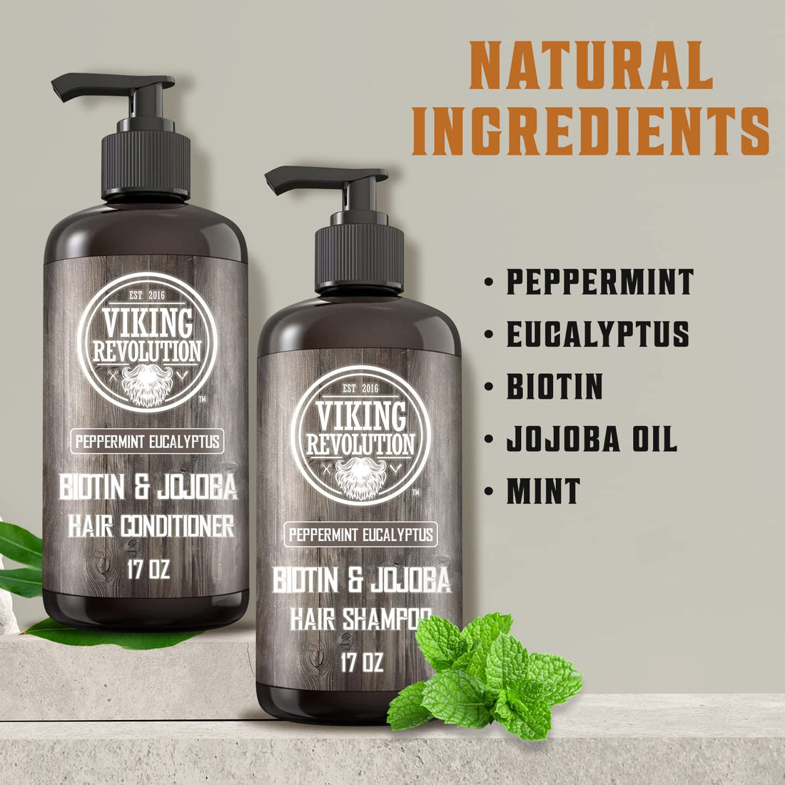 Viking Revolution Biotin Mens Shampoo and Conditioner Set - Eucalyptus Shampoo and Conditioner Set with Jojoba Oil and Mint Oil - Peppermint Oil Hair Conditioner for Men (17 Oz)