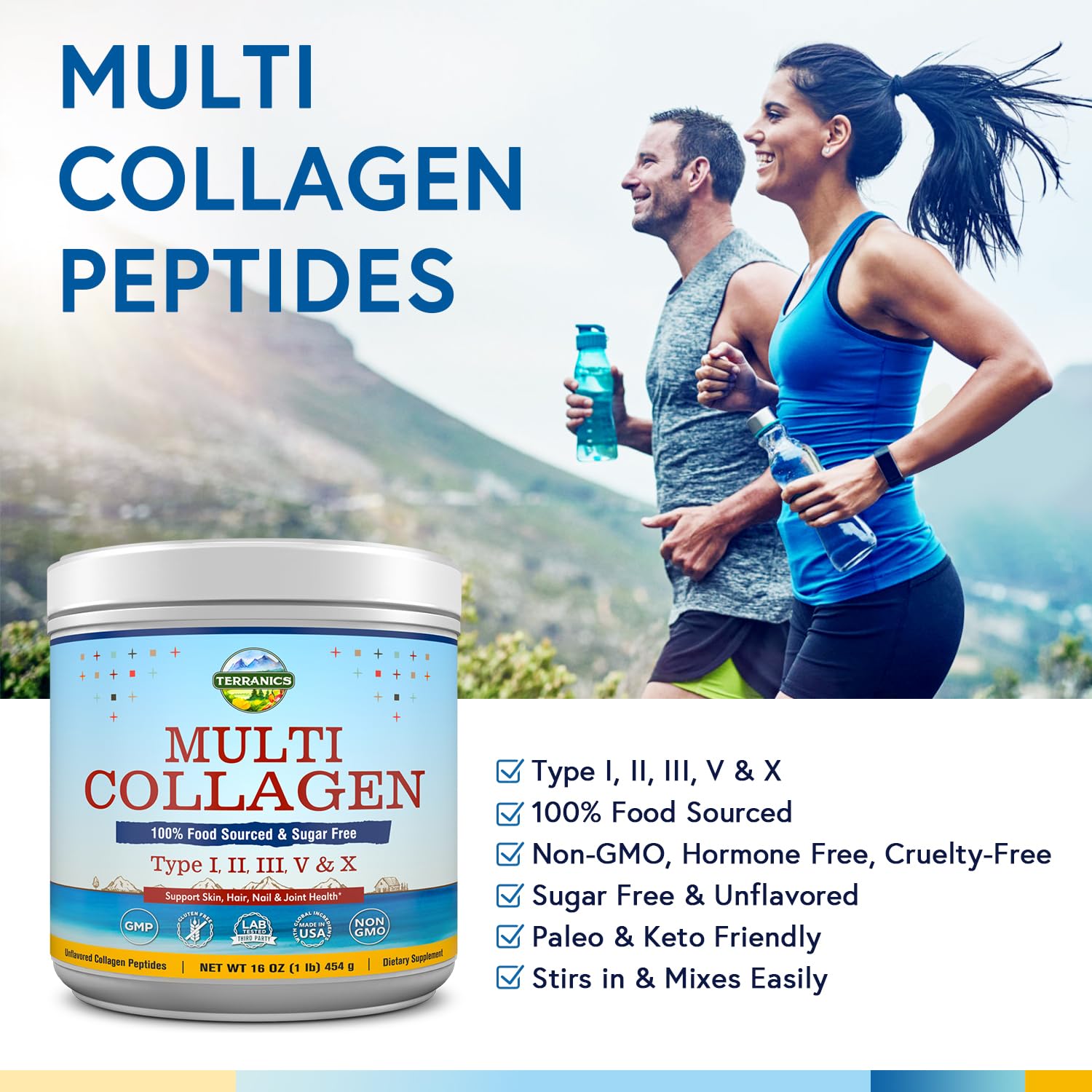 Terranics Multi Collagen Peptides Powder, Type I II III V X Hydrolyzed Collagen for Women+Men, Collagen Supplements for Skin Nail Hair & Joint, Fast Dissolve, Unflavored Colageno, No Sugar, Keto, 16oz