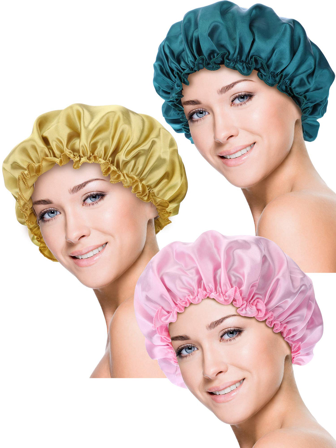 Blulu 3 Pieces Sleep Cap Satin Bonnet Night Head Cover Sleeping Soft Hair Turbans for Women and Girls (Gold pink peacock blue)