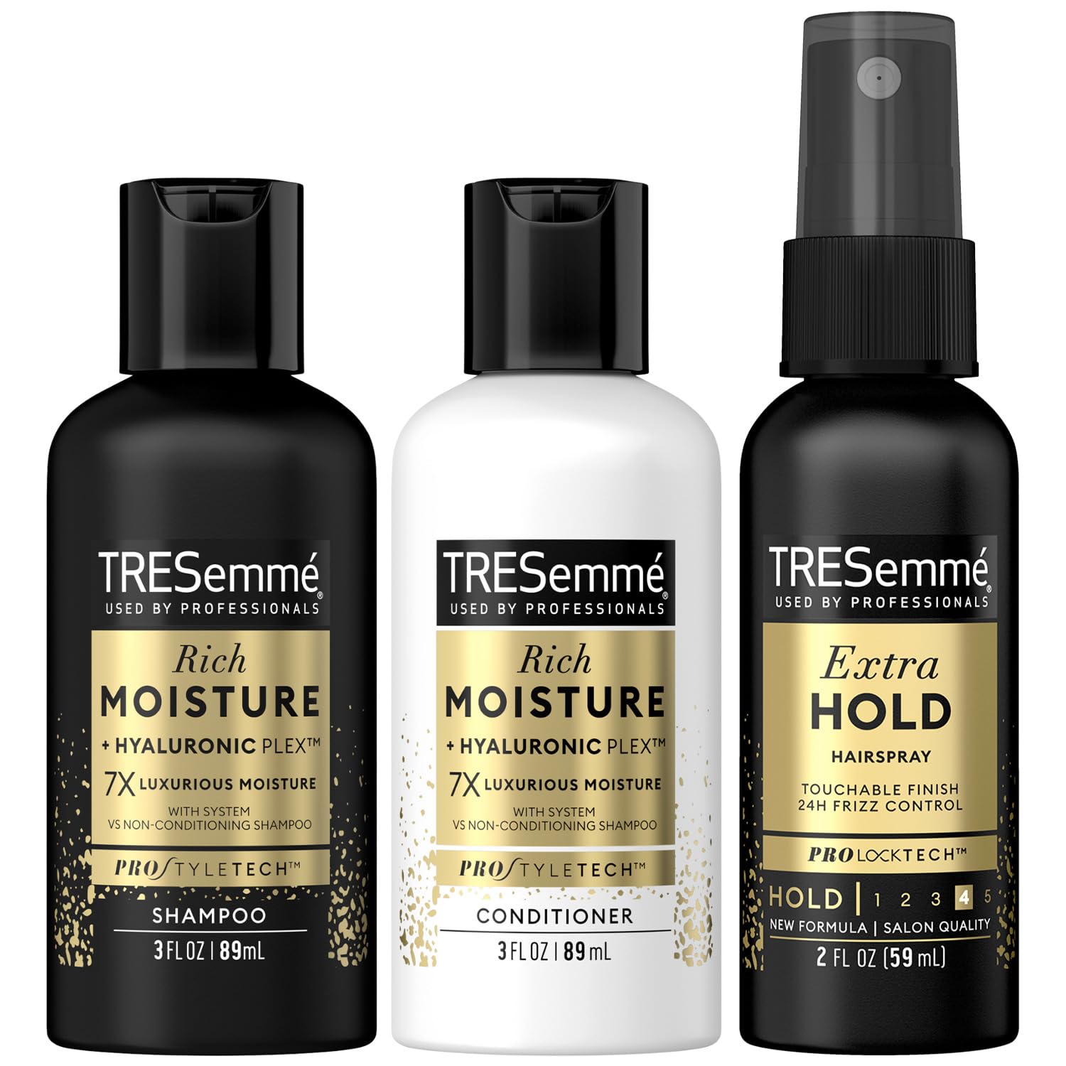 TRESemmé Travel Shampoo, Conditioner & Hairspray – Rich Moisture Hair Products + Non-Aerosol Hair Spray, 24H Frizz Control (3 Piece Set)