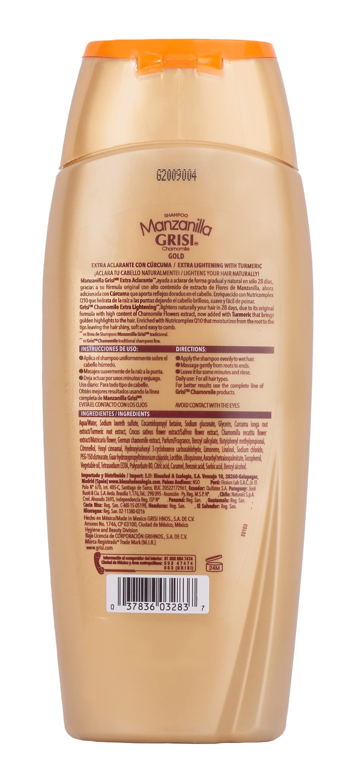 Manzanilla Grisi Gold Extra Lightening Shampoo Cleansing and Extra Lightening with Chamomile Extract and Turmeric Lightens Naturally Soft and Luminous Hair, 2 Pack of 13.5 FL Oz, Bottles, 2 Count