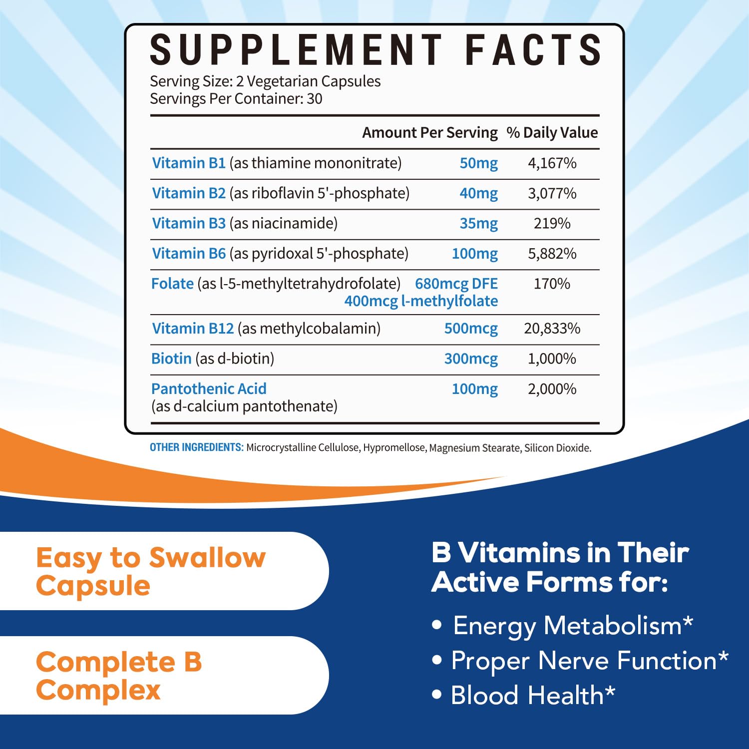 Surebounty 8-in-1 Vitamin B Complex Capsules for Women & Men, Super B Complex Vitamins, B12, B1, B2, B3, B5, B6, B9, Biotin, Folate, Methylated Forms, Energy, Nerve, Blood Support, 60 Caps