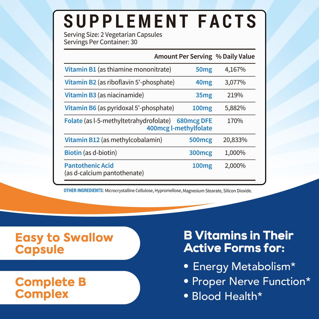 Surebounty 8-in-1 Vitamin B Complex Capsules for Women & Men, Super B Complex Vitamins, B12, B1, B2, B3, B5, B6, B9, Biotin, Folate, Methylated Forms, Energy, Nerve, Blood Support, 60 Caps