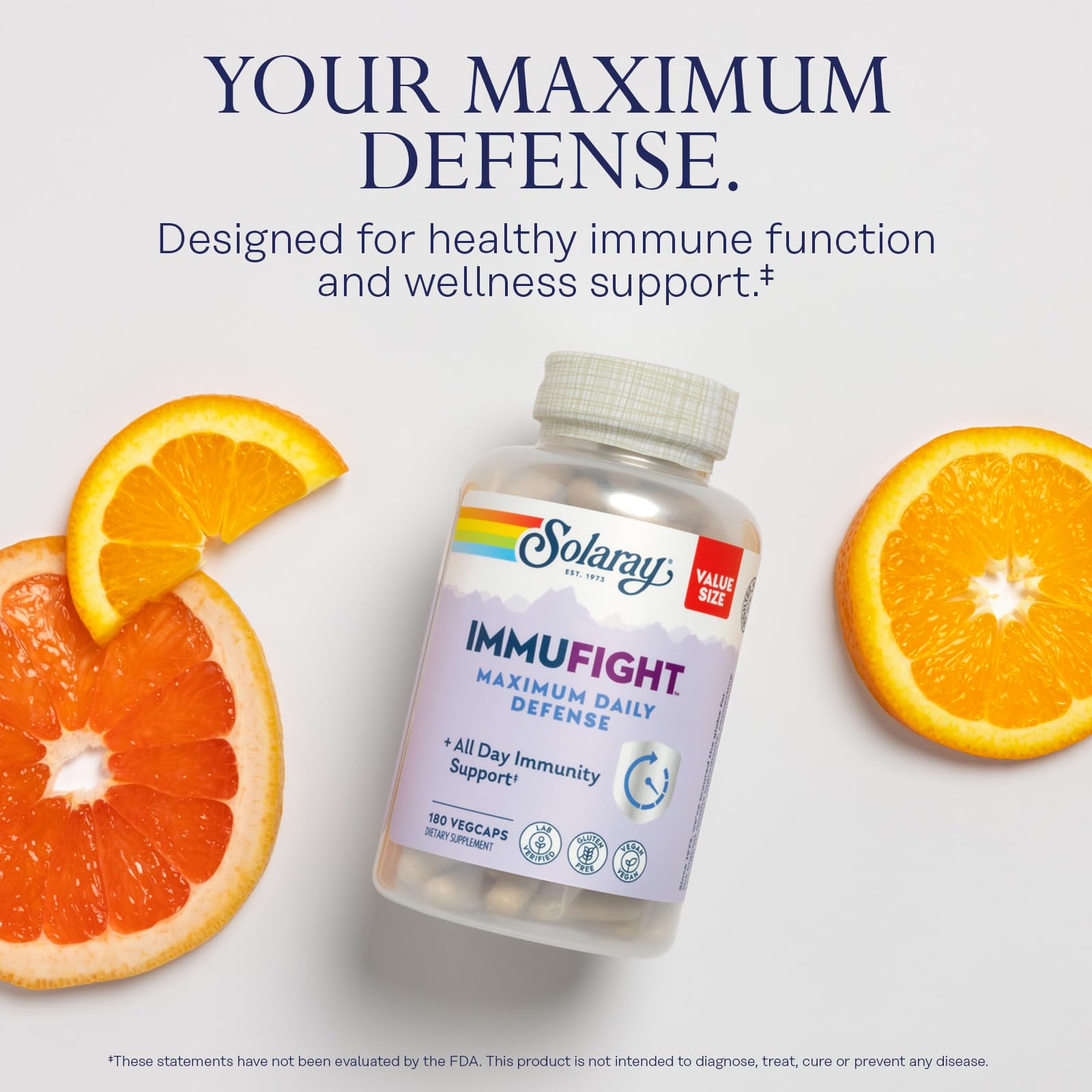 SOLARAY Immufight Maximum Daily Defense, All Day Immune Support, Vitamin C, Vitamin D, Zinc, Probiotics, Monolaurin, Acerola & More, Vegan & Gluten Free, 60 Day Guarantee (180 CT, 60 Serv)
