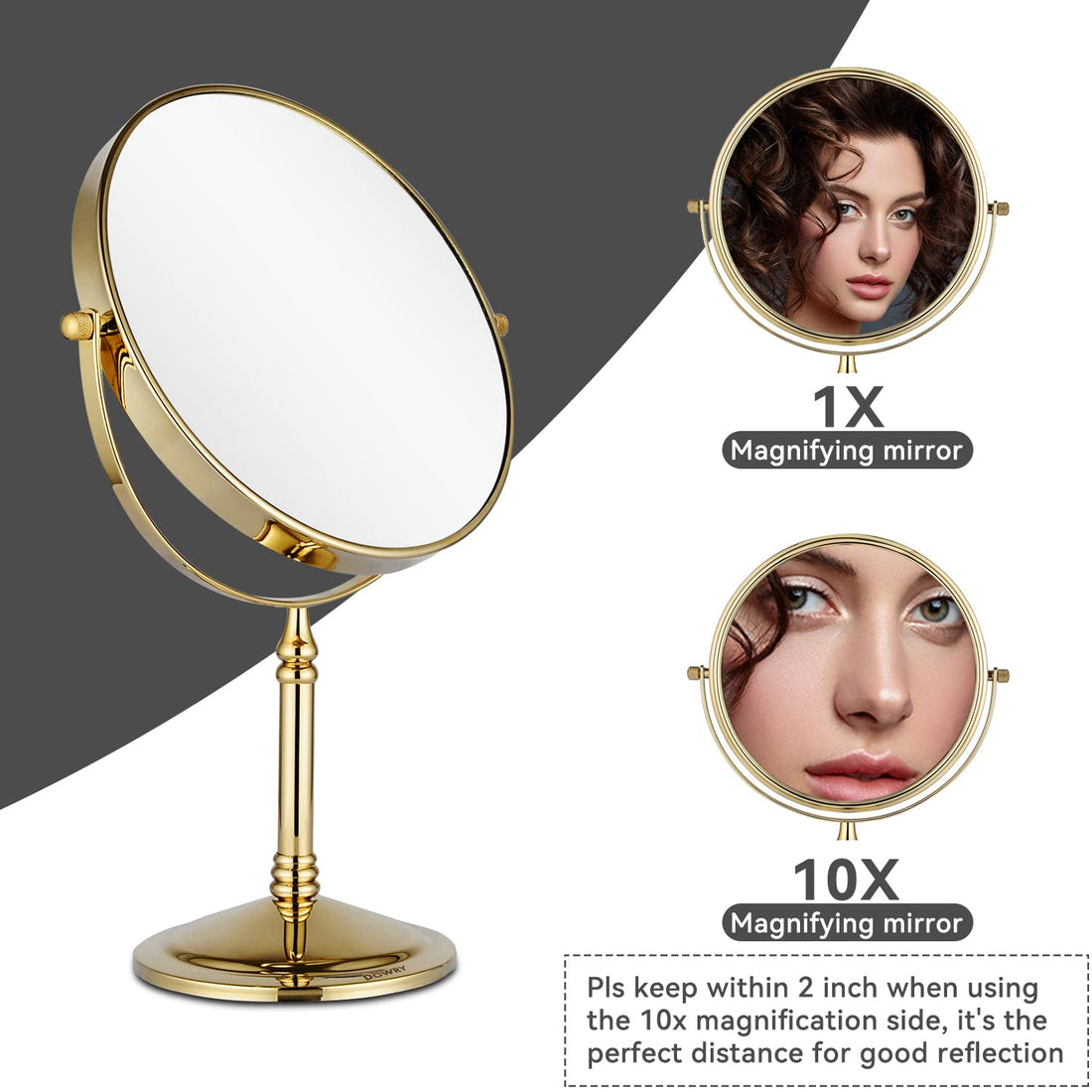 DOWRY 8-Inch Tabletop Swivel Vanity Magnifying Mirror 10x Magnification,Gold Finish, Double Sided 2202J(10x)