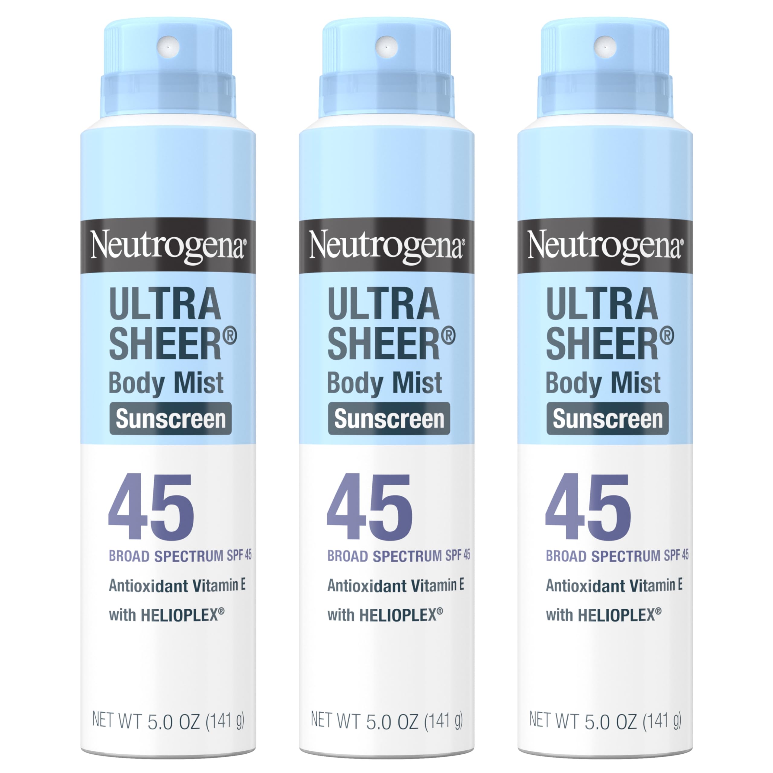 Neutrogena Ultra Sheer Body Mist Sunscreen Spray, Broad Spectrum SPF 45, Lightweight Spray Sunscreen, Non-Greasy & Water Resistant, Oil-Free & Non-Comedogenic UVA/UVB, 5 oz Pack of 3