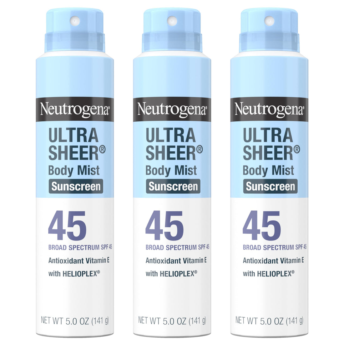 Neutrogena Ultra Sheer Body Mist Sunscreen Spray, Broad Spectrum SPF 45, Lightweight Spray Sunscreen, Non-Greasy & Water Resistant, Oil-Free & Non-Comedogenic UVA/UVB, 5 oz Pack of 3