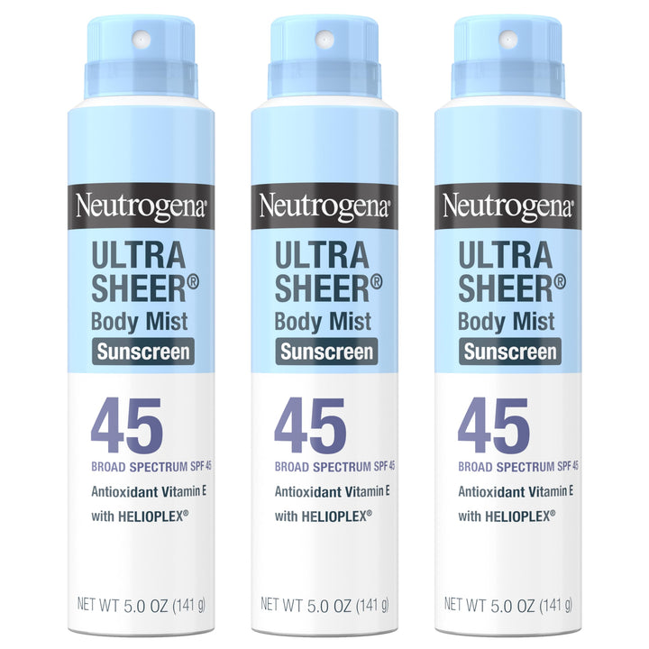 Neutrogena Ultra Sheer Body Mist Sunscreen Spray, Broad Spectrum SPF 45, Lightweight Spray Sunscreen, Non-Greasy & Water Resistant, Oil-Free & Non-Comedogenic UVA/UVB, 5 oz Pack of 3